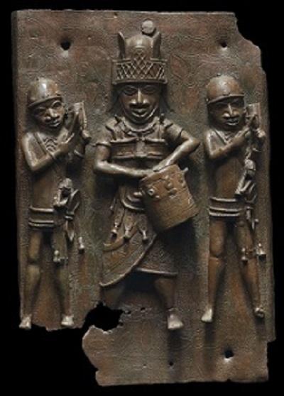 Bronze plaque of a dignitary with a drum with two attendants by his side