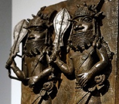 A bronze depiction of two officials of the Benin Kingdom